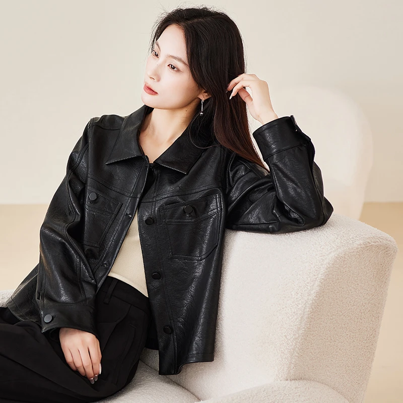 索菲丝尔翻领短款仿皮衣外套女2025春季休闲百搭夹克上衣515010