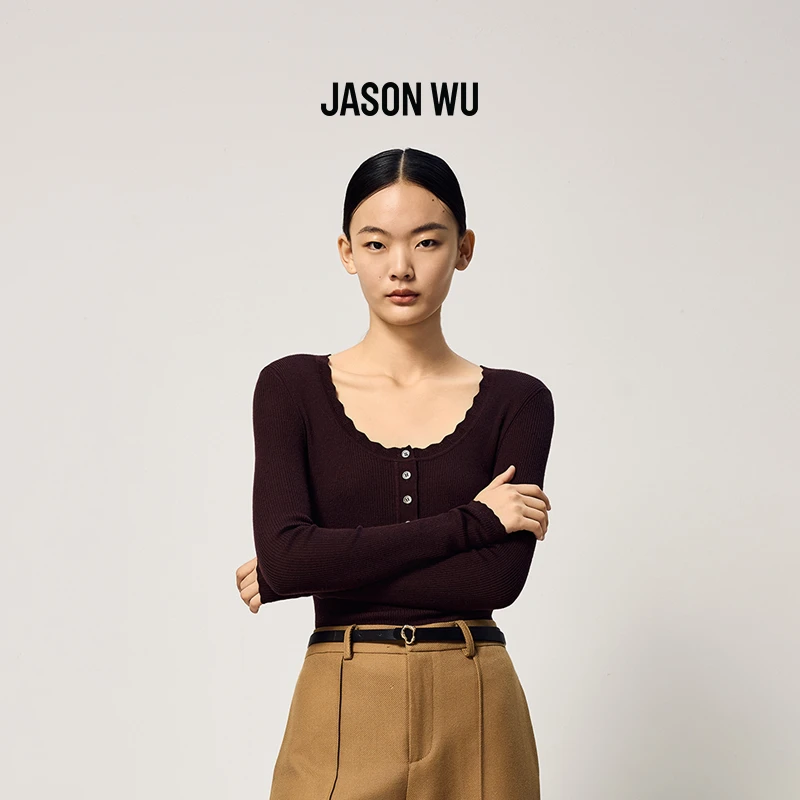 JASON WU2025秋冬新款时尚花瓣边亨利领修身打底针织衫小衫上衣女