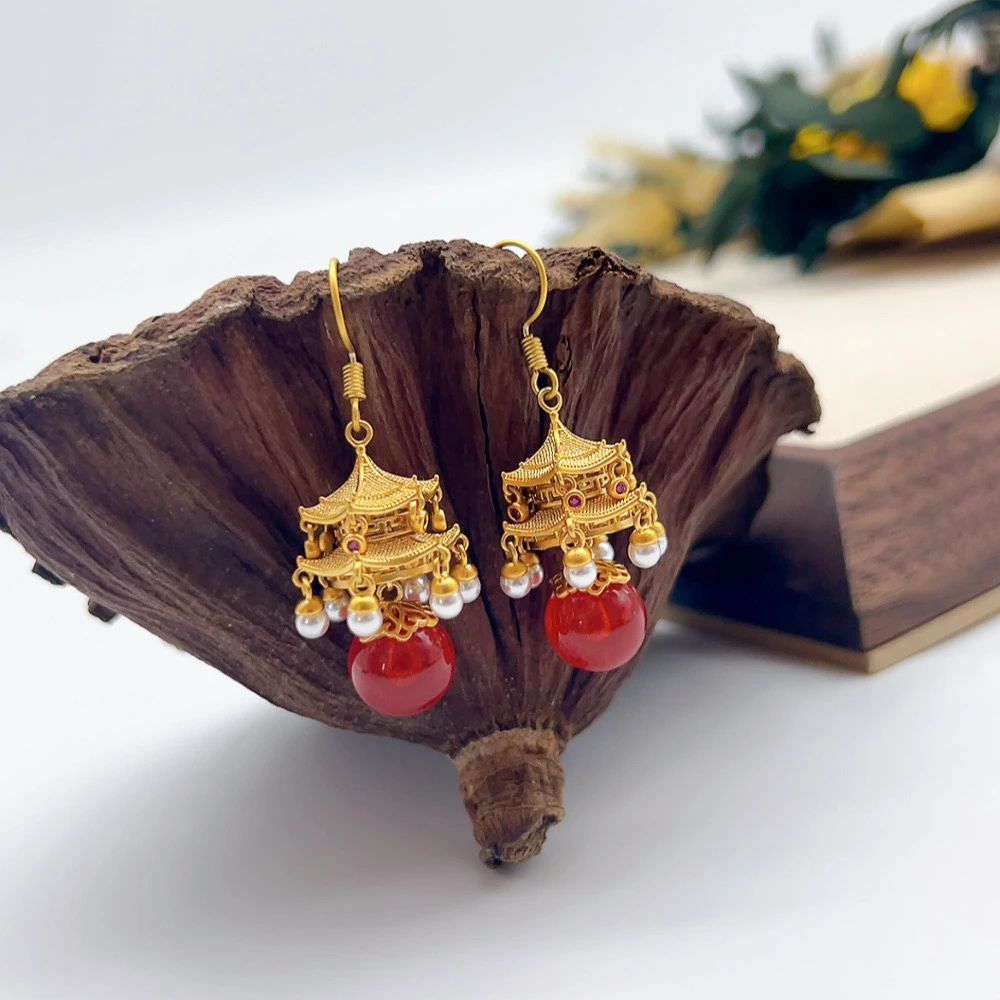 铜合金仿珍珠耳饰 02652 好啊商店 国风楼阁庭院耳钩