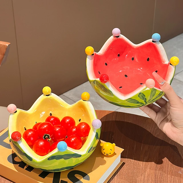 创意陶瓷西瓜水果盘家用客厅茶几水果碗高颜值可爱不锈钢叉子套装