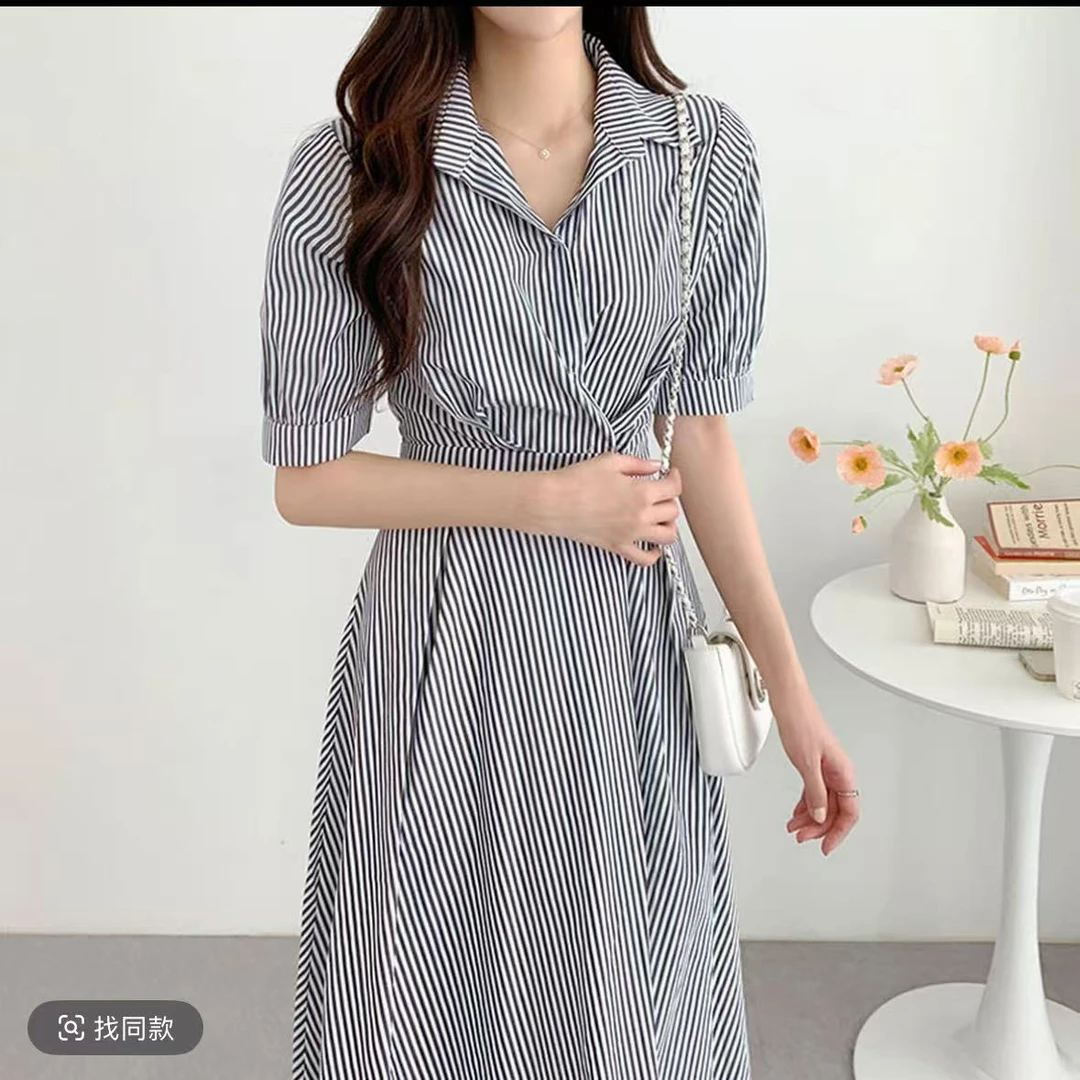 A315 小P竖条纹翻领拉链连衣裙女（靠谱哥）