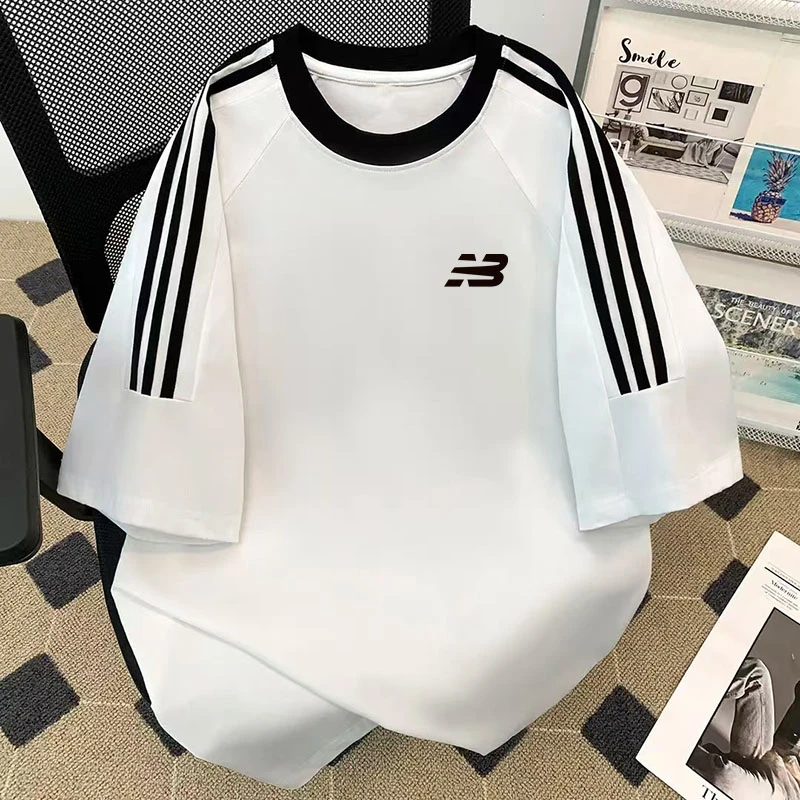 韩版重磅纯棉宽松短袖三条杠落肩百搭休闲男女同款短袖小NB