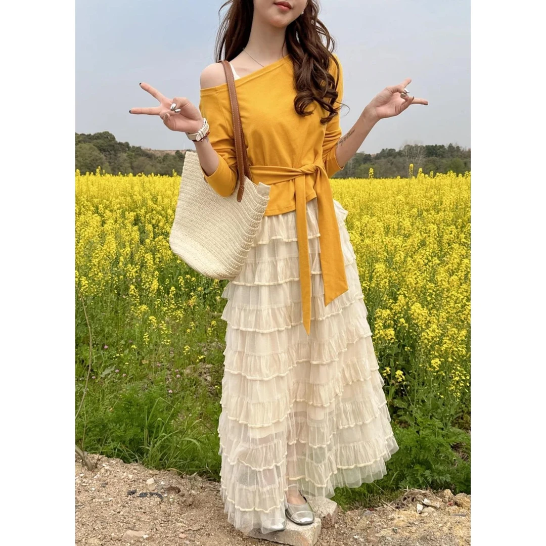 飘带少女chic别致穿搭斜肩绑带T层次感少女感半身裙两件套