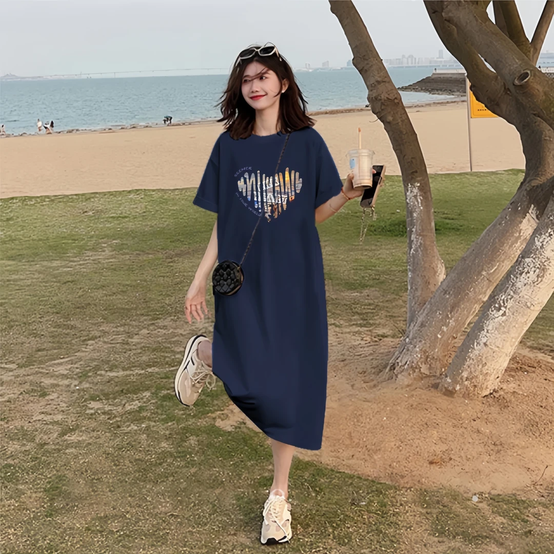 网红纯棉开叉连衣裙学院风印花修身显瘦洋气休闲长裙过膝大码潮牌