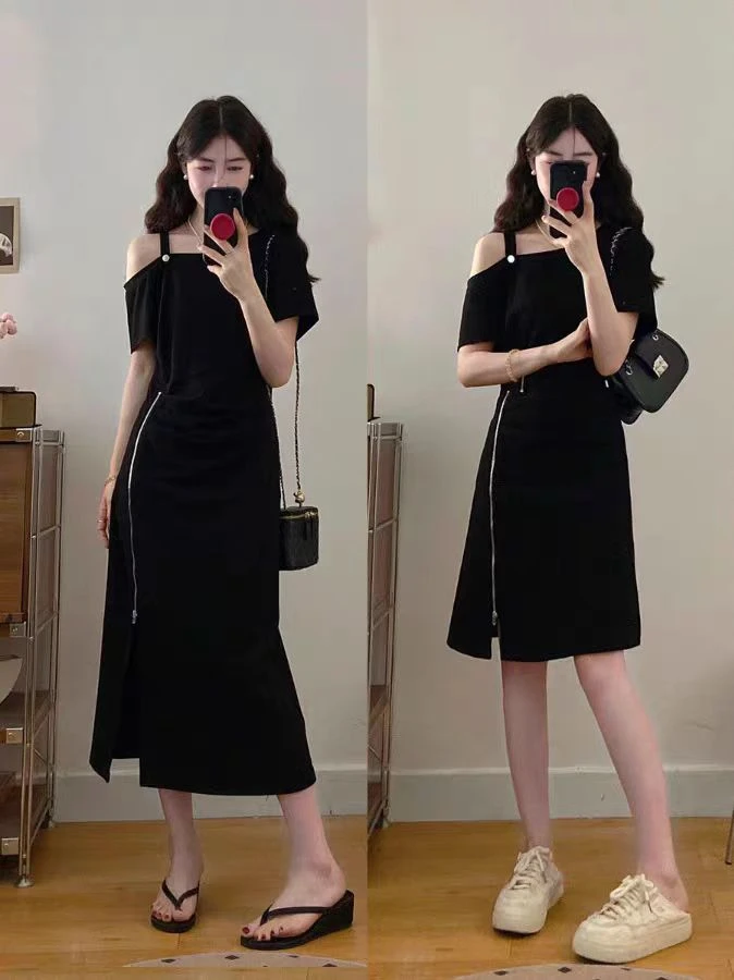 （现货）纯欲黑色露肩短袖连衣裙夏新款收腰减龄拉链开叉裙1856