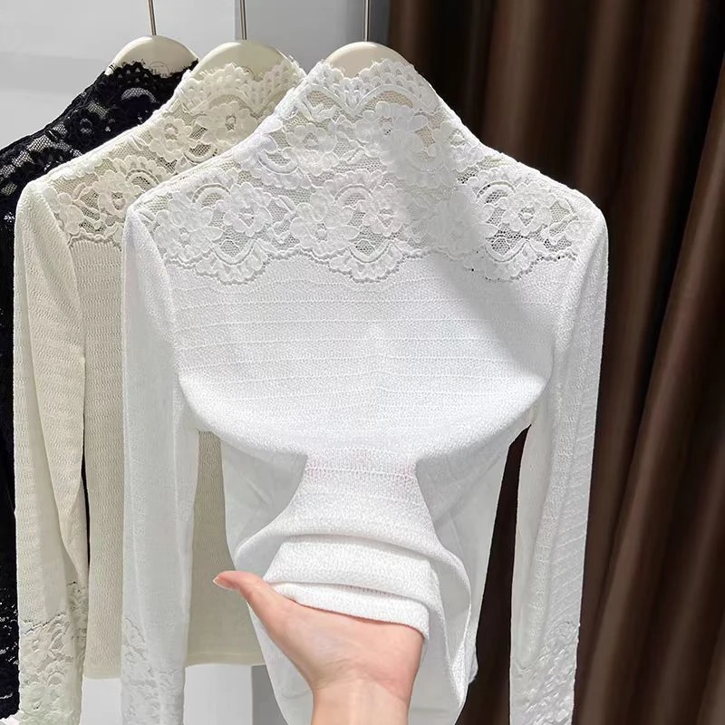 2025早秋季新款气质蕾丝拼接半高领长袖针织恤女内搭打底衫上衣
