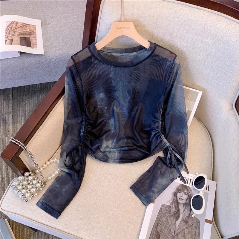 美式复古长袖黑色网纱T恤女夏季修身设计感小众薄款抽绳上衣