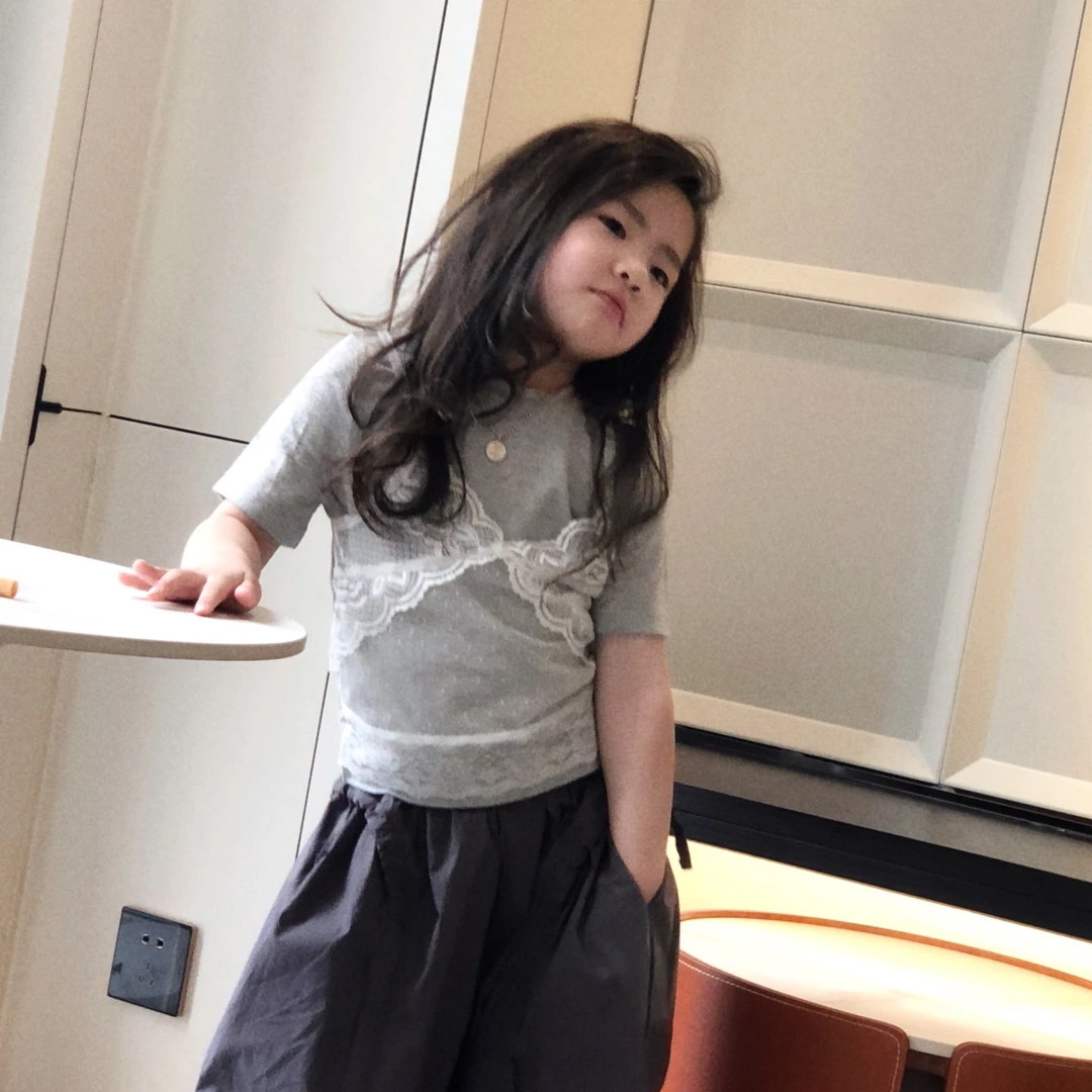 女童洋气假两件蕾丝短袖t恤25X085