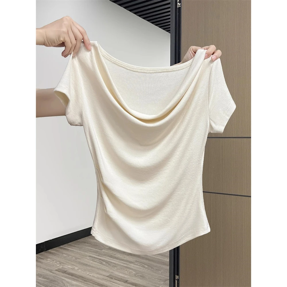 洋气衣服莫代尔韩系褶皱设计感一字肩短袖T恤女夏新款纯欲荡领上