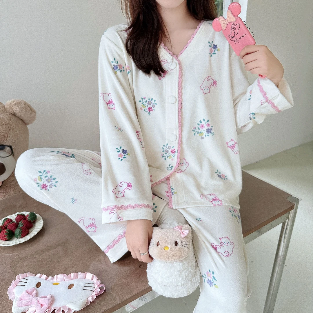 新【花边-猫咪花朵】25年超柔新款套装网红睡衣简约韩版秋冬长袖季