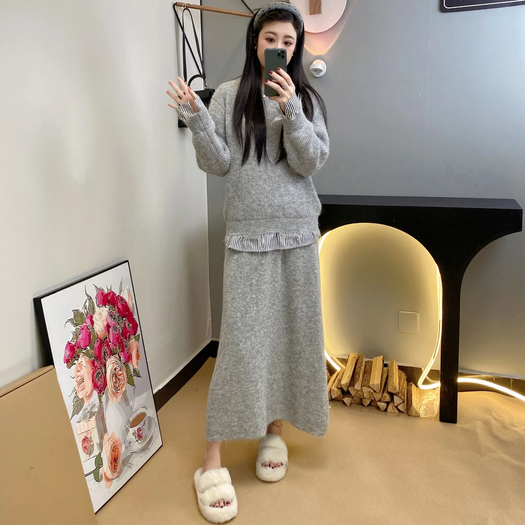 【M1 CHEN】流苏拼接衬衫慵懒毛衣套装裙显瘦气质针织百搭套头休闲