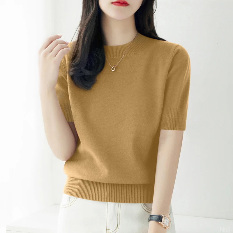 秋季宽松时尚新款显瘦内搭气质打底上衣五分袖高级感圆领针织衫女