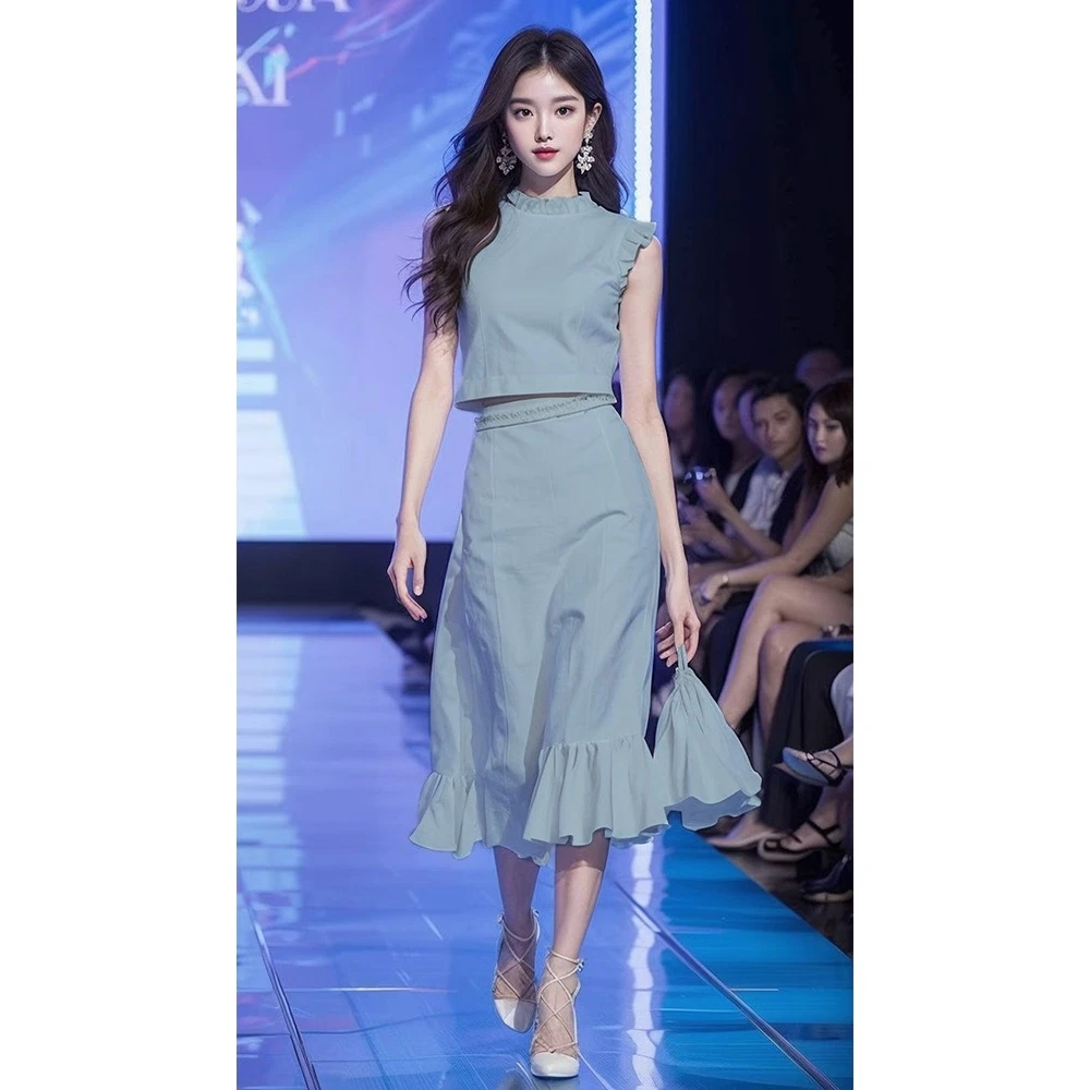 今年流行漂亮新款蓝色鱼尾半身裙五一出游穿搭套装夏装搭配一整套