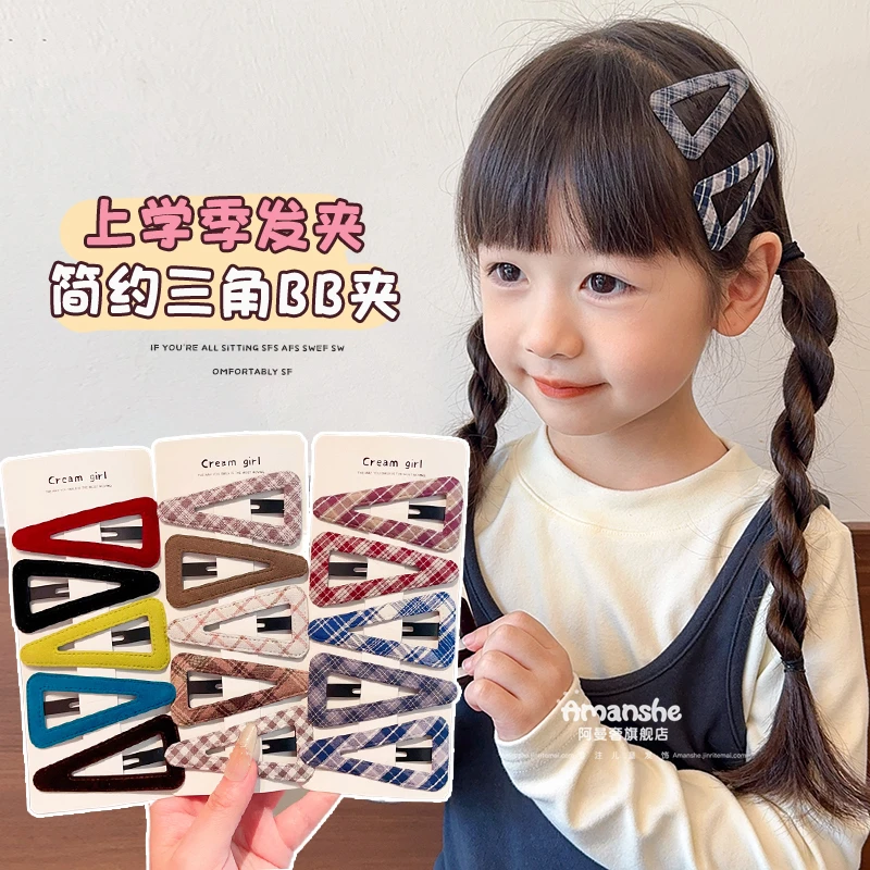 韩系pu格纹三角发夹女新款小女孩前额侧边碎发刘海夹子可爱发饰