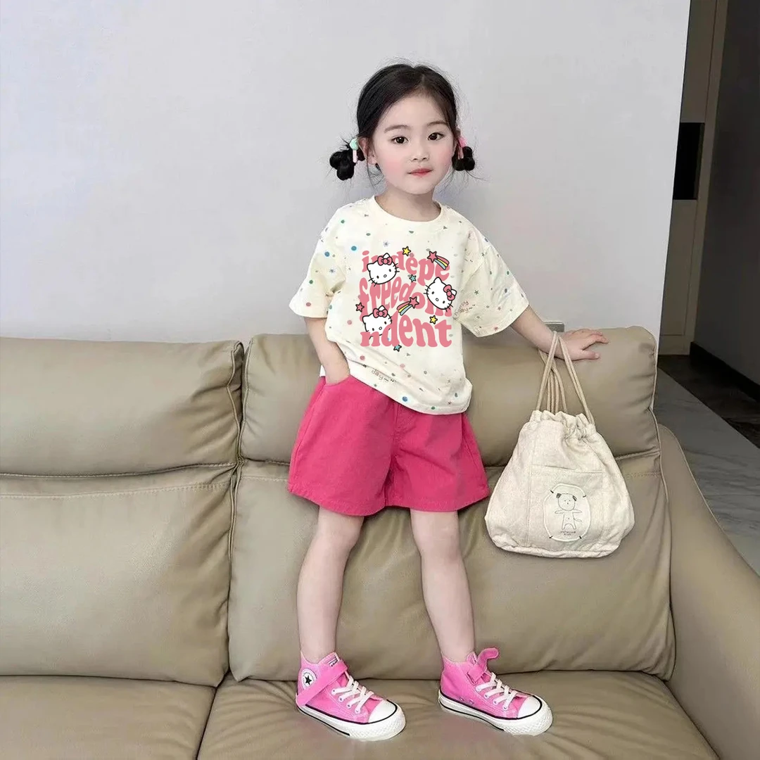 女童休闲套装2025夏季儿童卡通印花短袖上衣中小童时髦短裤两件套