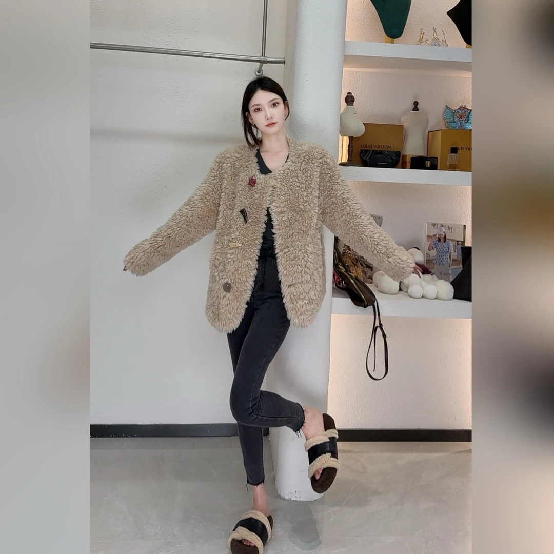 【草莓拿铁】100%羊毛颗粒女款短外套时尚圆领F00012