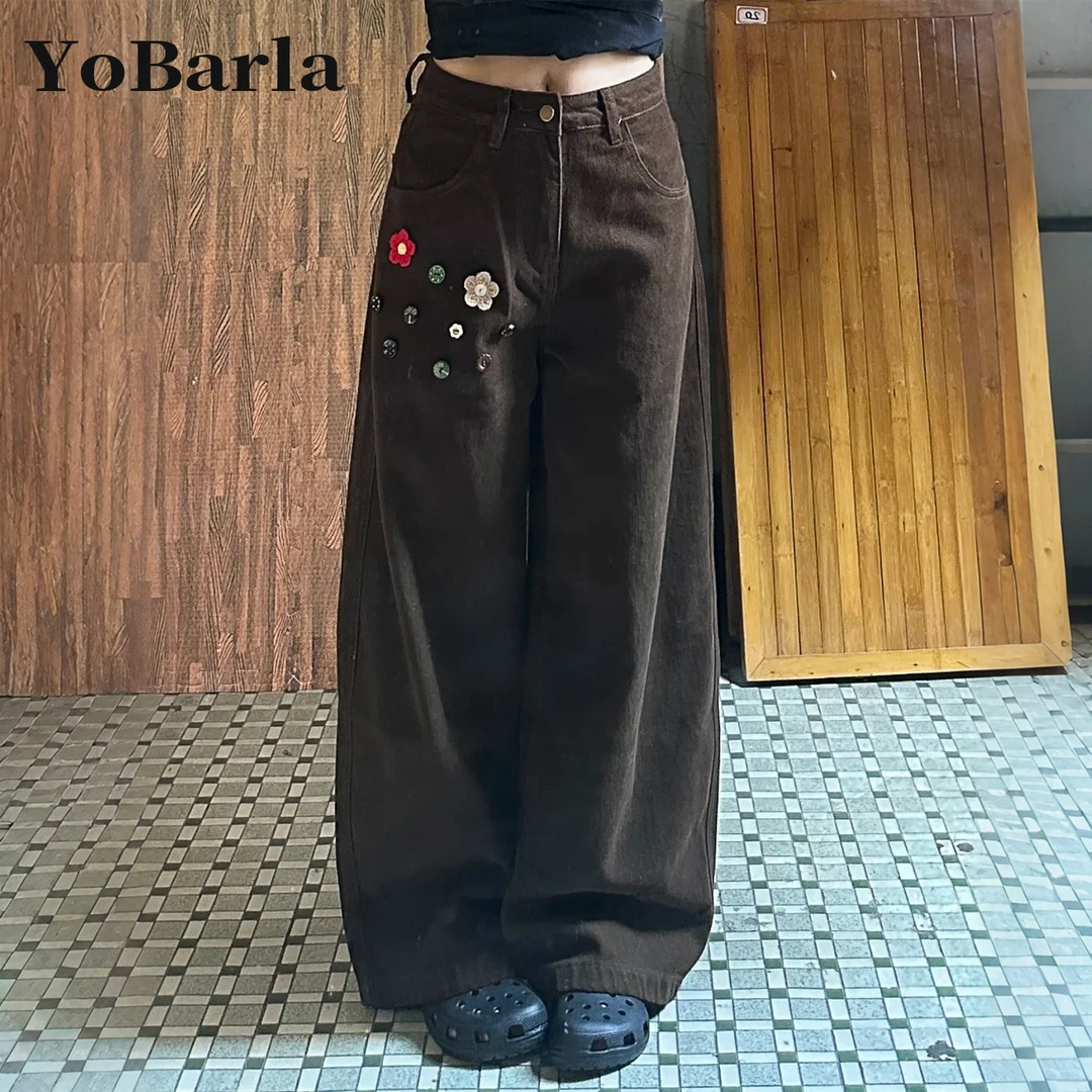 花朵纽扣复古直筒牛仔裤女秋冬新款大码胖mm宽松显瘦阔腿牛仔裤