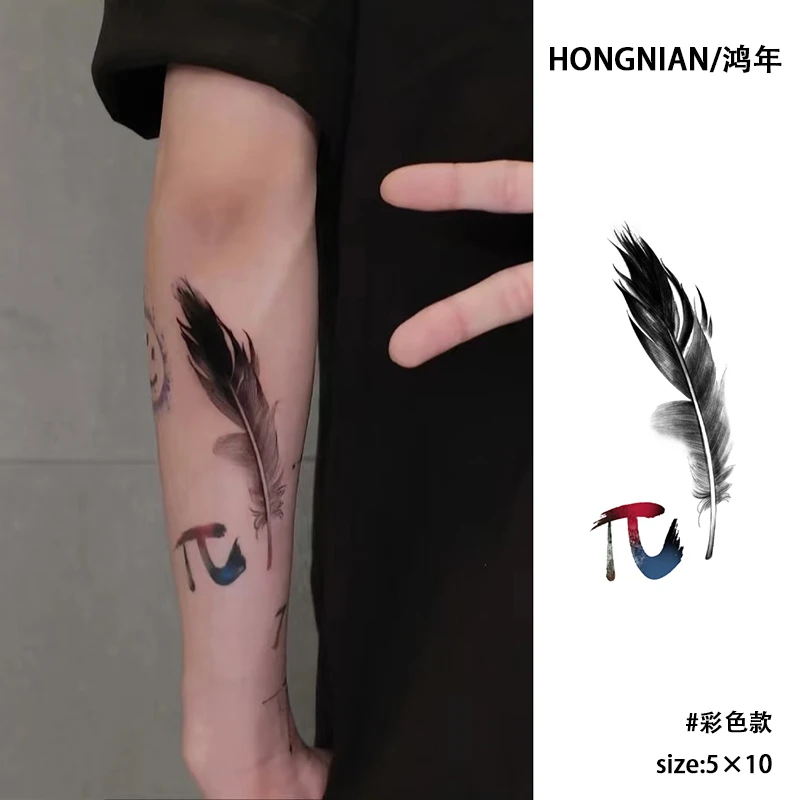 鹿晗同款π羽毛纹身半永久彩色纹身贴ins风男女防水逼真刺青贴纸