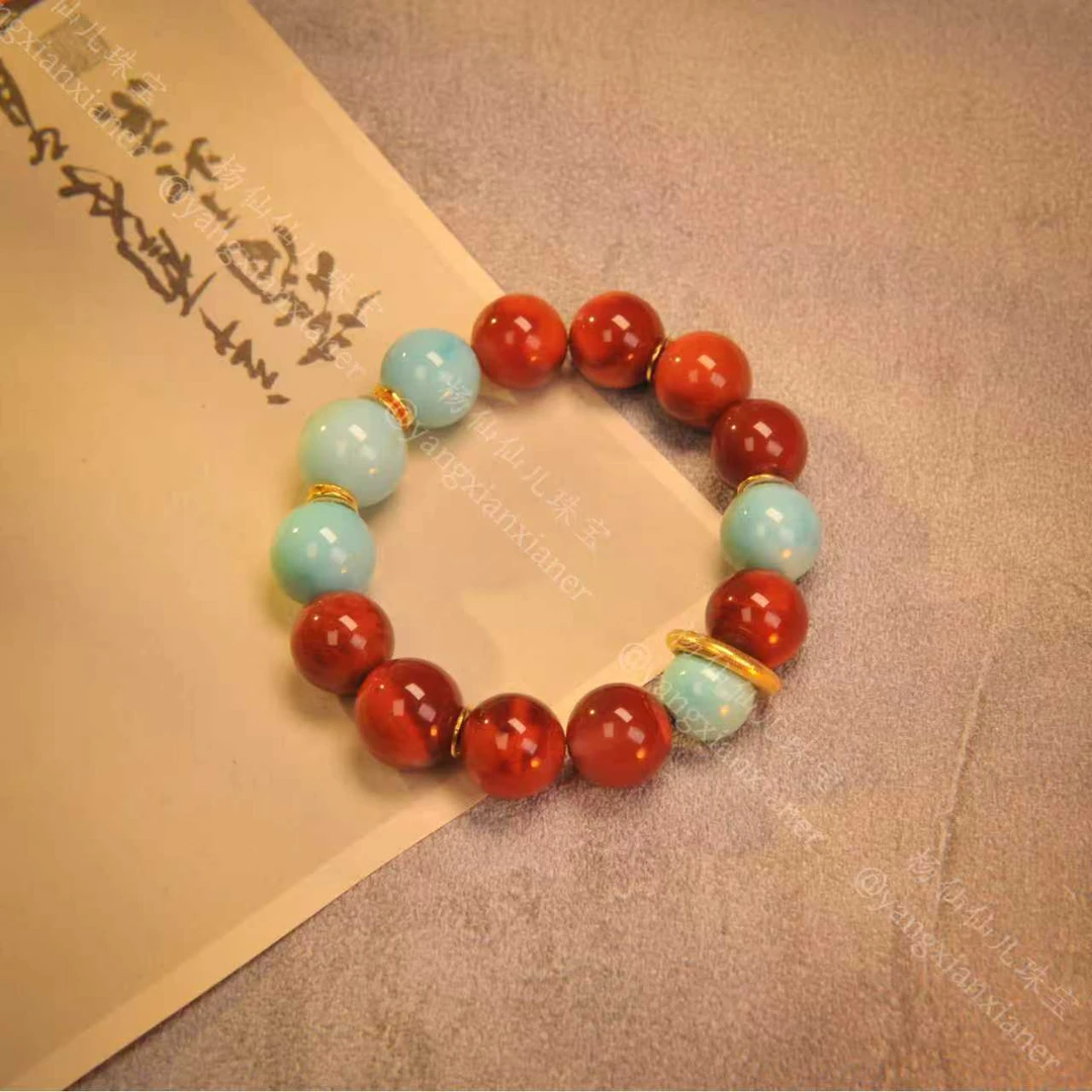 【杨仙仙珠宝】18K厚金镶嵌原矿南红（11.5mm+）多宝手串-1488