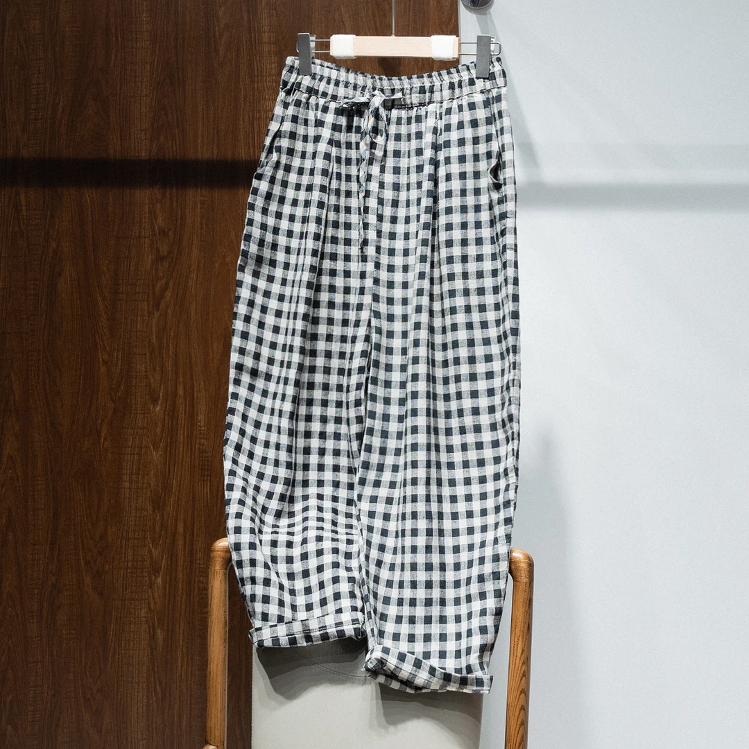 夏季薄款100%色织亚麻裤女高腰显瘦宽松百搭格子哈伦裤显高休闲裤