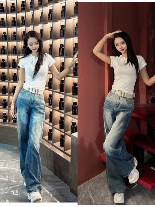 【茹哥】新款高腰渐变宽松显瘦复古蓝阔腿牛仔裤9136(送腰带)