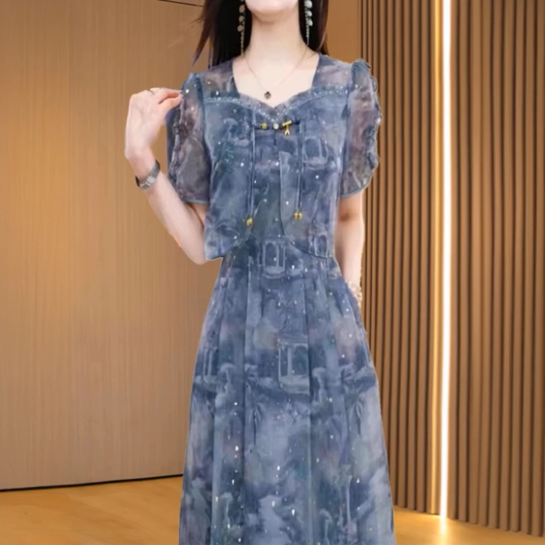 高端精致纱料连衣裙女2025新款夏轻奢高级感洋气新中式假两件腰裙