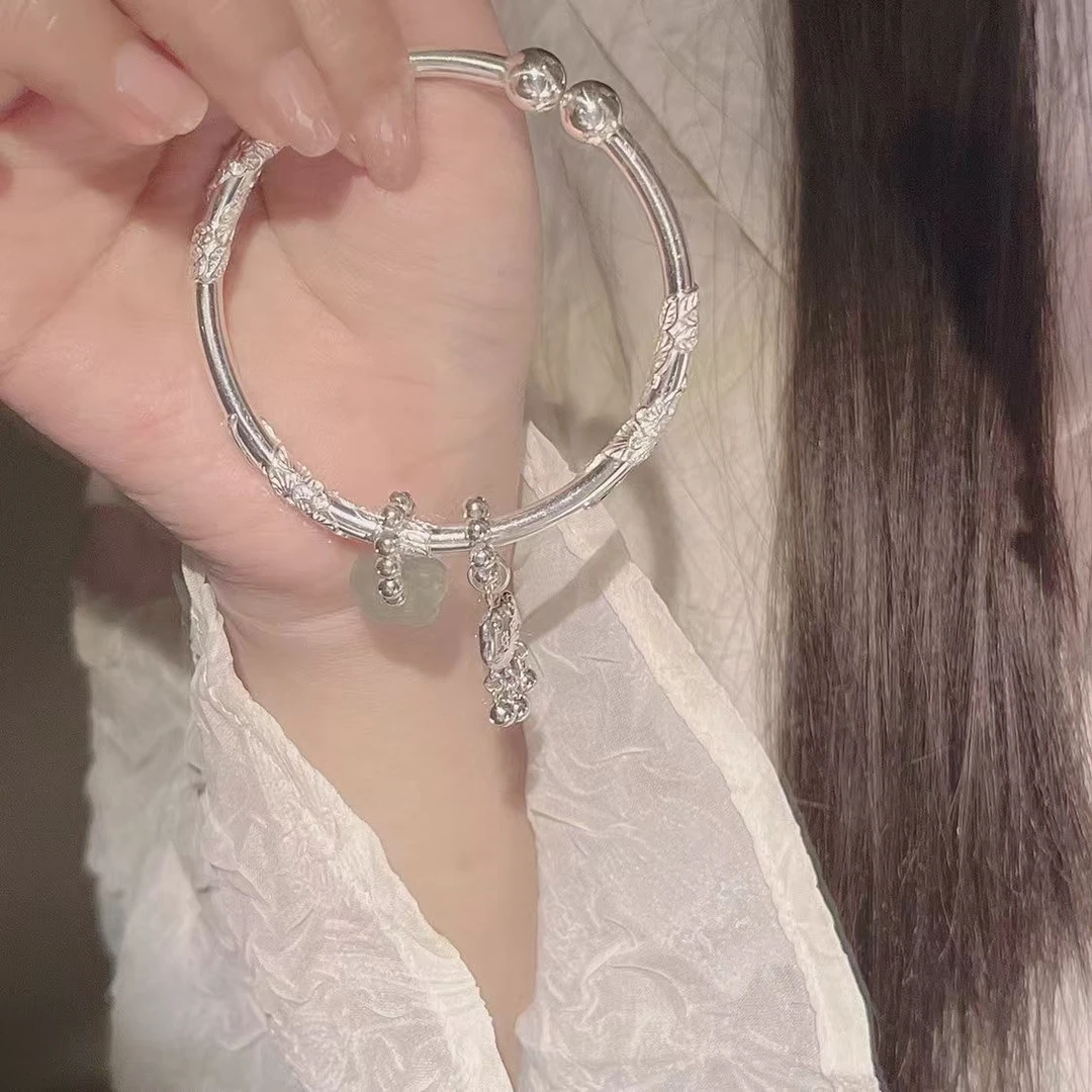 足银手镯 999.9【S146】新中式平安锁繁花似锦小众高级感手镯