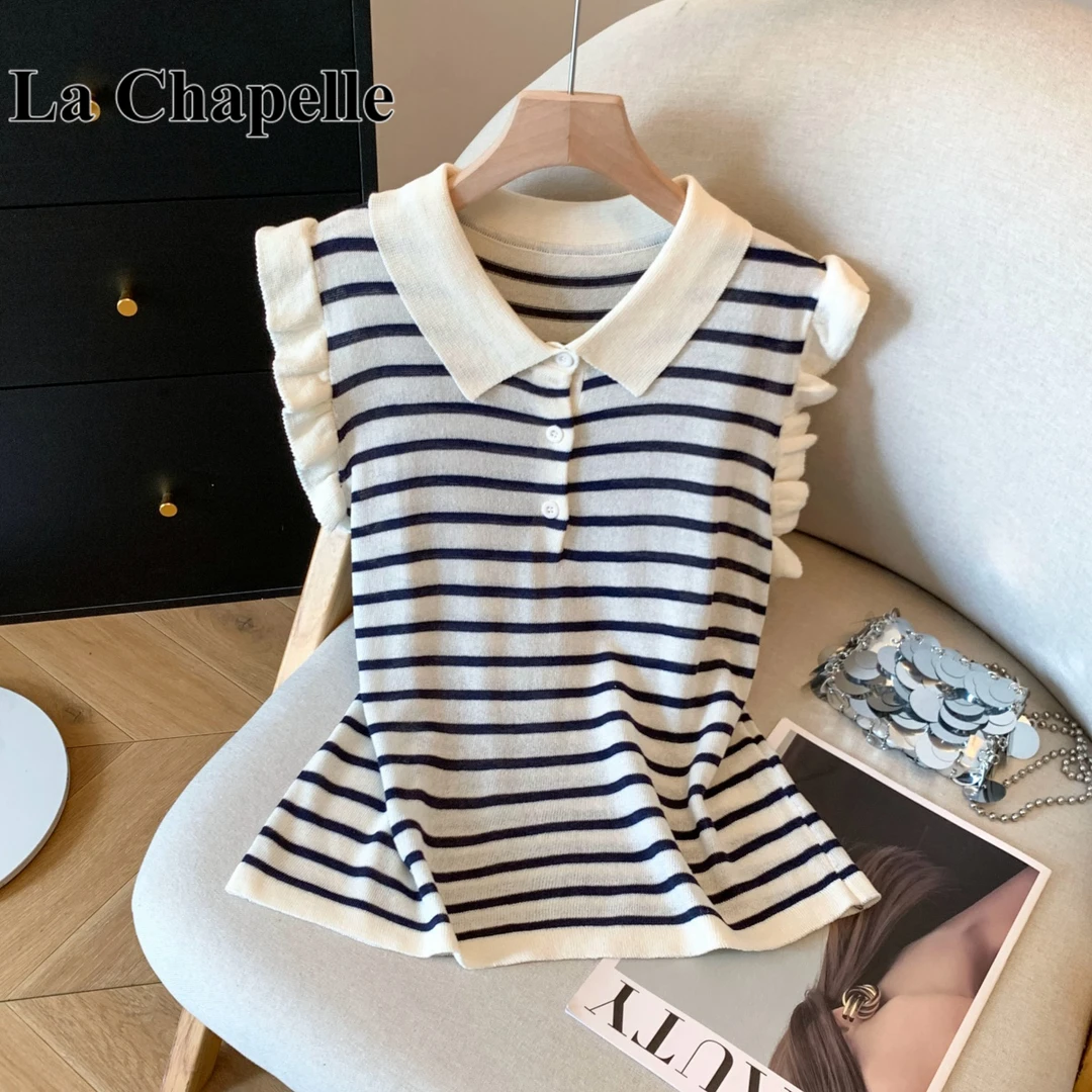 拉夏贝尔2025夏季新款女装条纹拼色翻领针织衫女时尚宽松短袖T恤