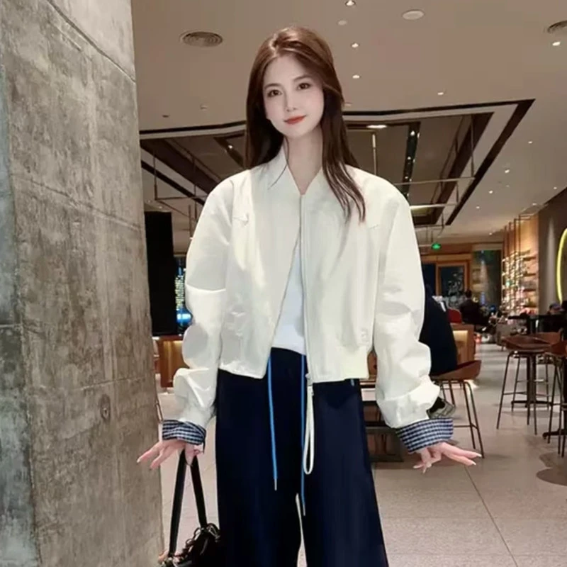 格纹拼接棒球服外套女春季2025新款韩版小个子百搭休闲短款夹克女