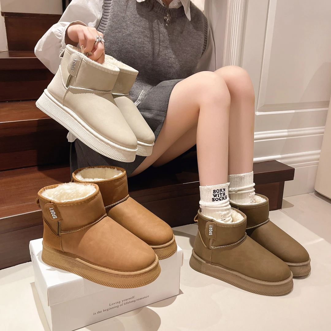 防水皮面侧拉链雪地靴女2024新款韩版冬季加绒加厚短筒保暖棉鞋女