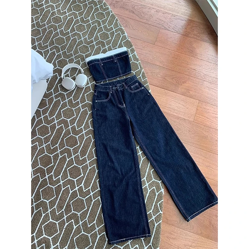 2025夏季新款辣妹修身百搭拼色牛仔抹胸女小众宽松休闲直筒裤套装