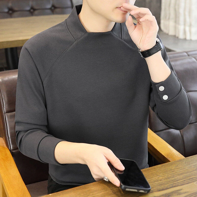 春秋潮流百搭休闲男士卫衣简约设计感扣子修身长袖保暖上衣6669