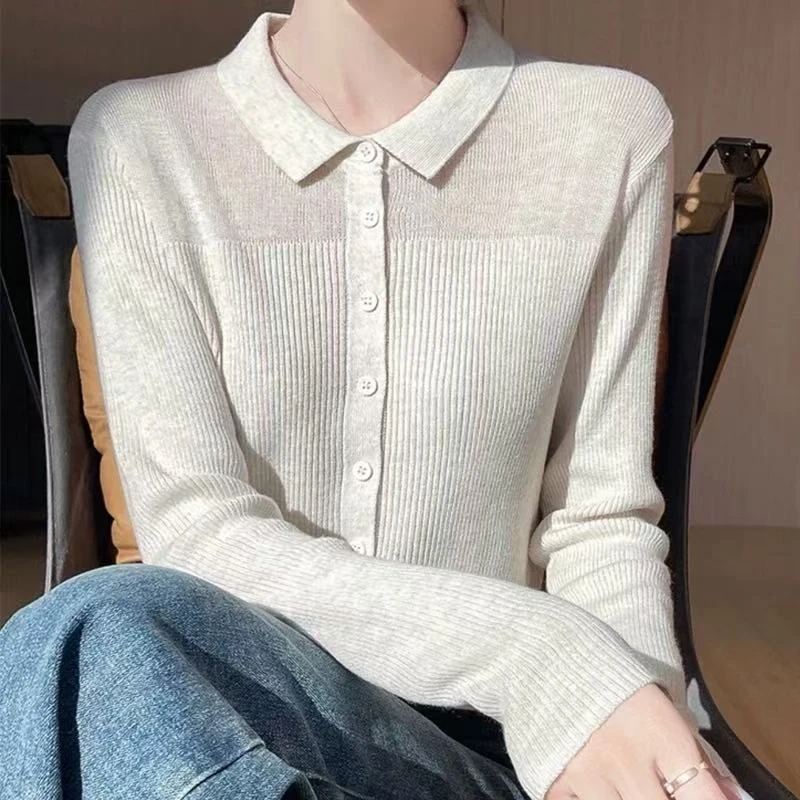 Polo领纯色薄款显瘦简约长袖开衫952