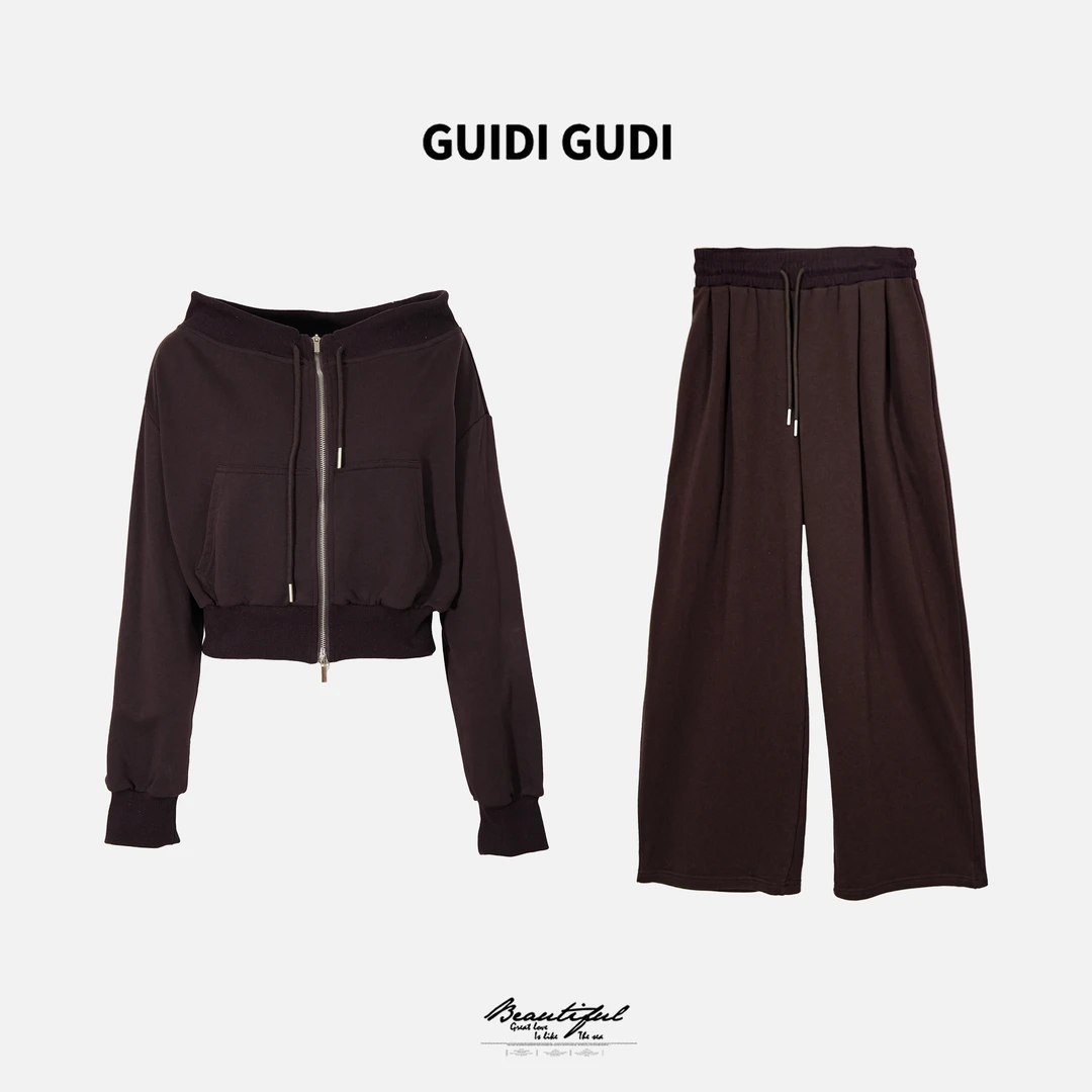 GUIDI GUDI【深棕未眠】时尚宽领外套休闲裤套装/黄加蓝
