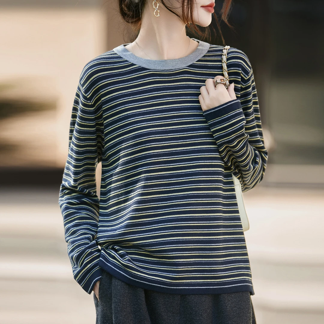 高端胖mm春秋大码条纹毛衣女遮肚子显瘦上衣内搭可外穿针织打底衫