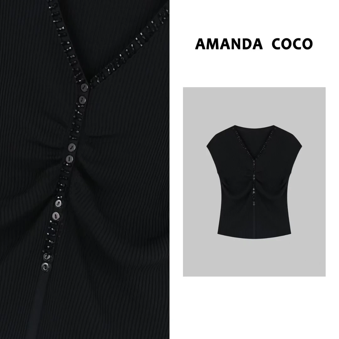 AMANDACOCO 灿灿 | 2025夏季轻奢串珠捏褶设计感气质飞袖针织衫
