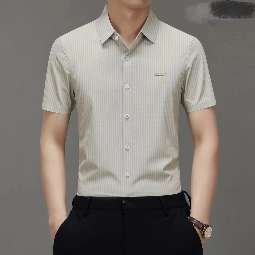 178金麦色含亚麻桑蚕丝衬衫短袖中年男士商务休闲时尚薄款无痕