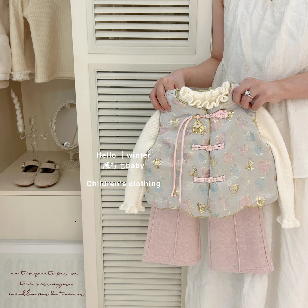 金箔桃花！咸柠七女童新中式粉色旗袍马夹拜年服洋气裤子加绒套装