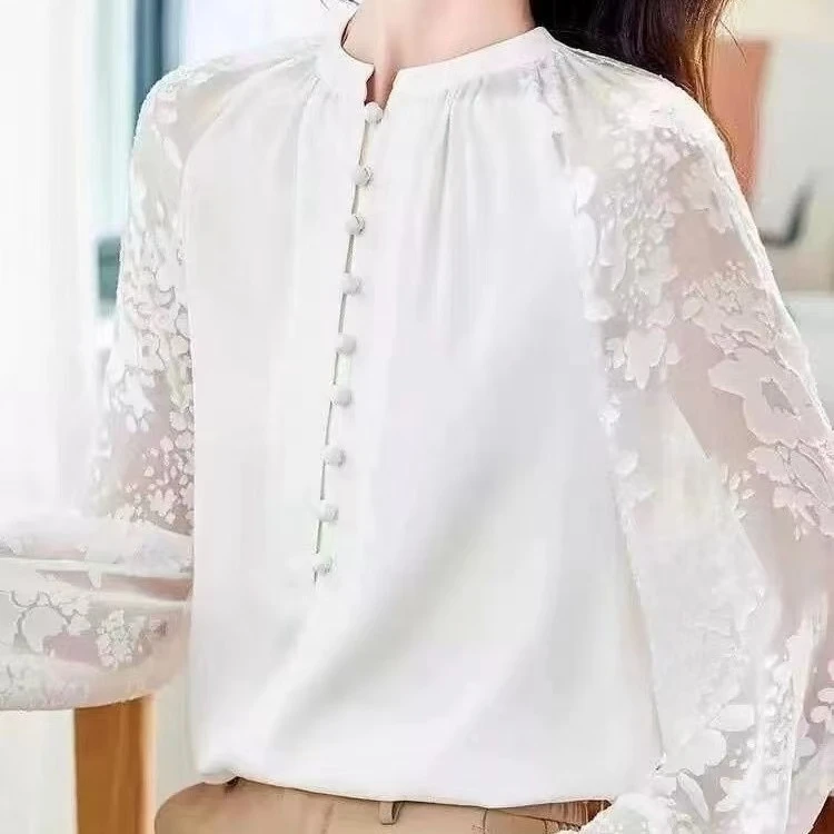 洋气立领领衬衫长袖气质镂空提花花边套头刺绣春夏季小衫女20025