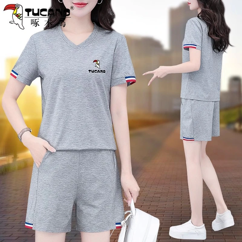 啄木鸟V领纯棉短袖短裤运动套装女士夏季新款时尚休闲跑步两件套