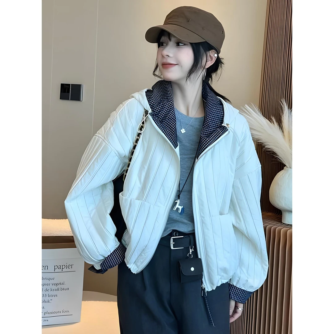 DUELIST韩版宽松连帽格子拼接夹棉外套女秋冬休闲百搭轻薄二棉服