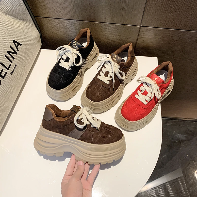 靓晶晶真皮厚底加绒老爹鞋女2025秋新款百搭小个子增高舒适休闲鞋