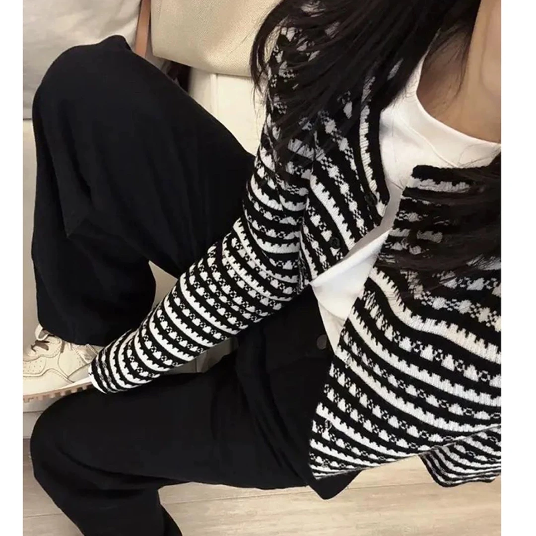 复古条纹开衫精纺薄款圆领女087