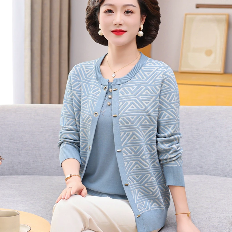 2025新款妈妈短袖洋气内搭针织两件套春季中老年时尚开衫外套上衣