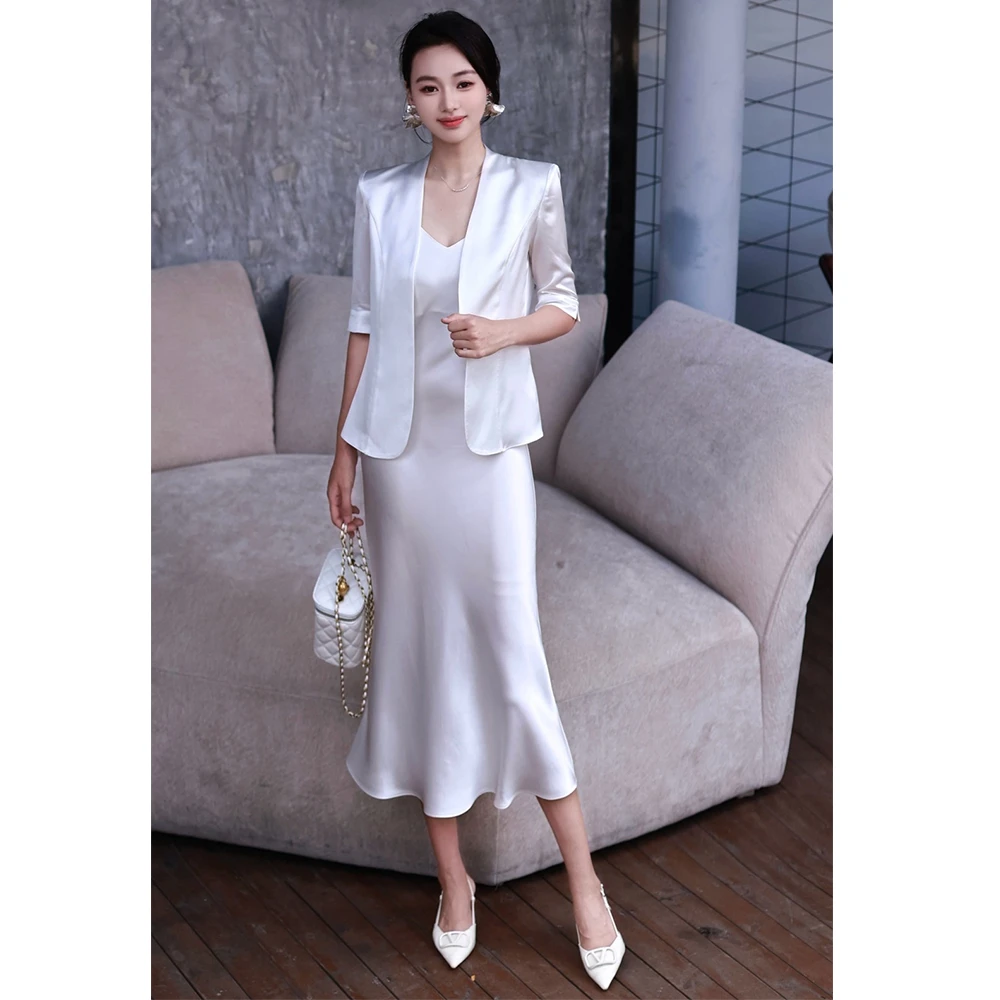 2025高级感醋酸五分袖气质薄西装吊带连衣裙套装通勤职业两件套夏