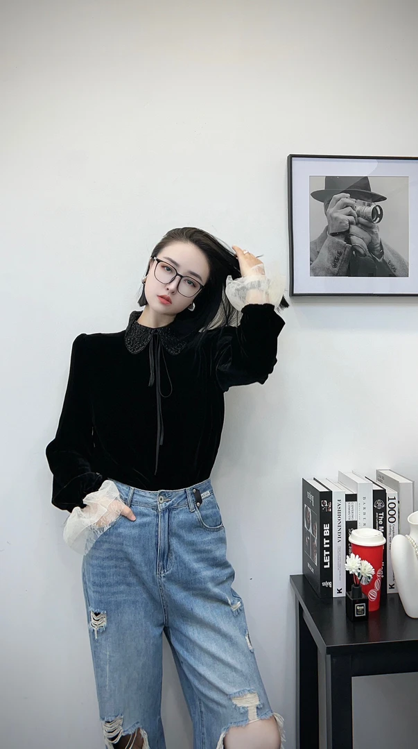 真丝丝绒重工钉珠上衣衬衫