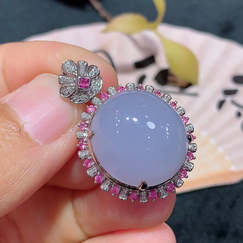 18k金天然A货翡翠紫蛋面吊坠轻奢时尚气质百搭