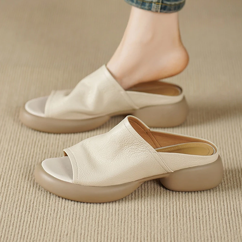 真皮4cm厚底踩屎感轻奢百搭鞋子粗跟防水台露趾一字拖鞋女鞋外穿