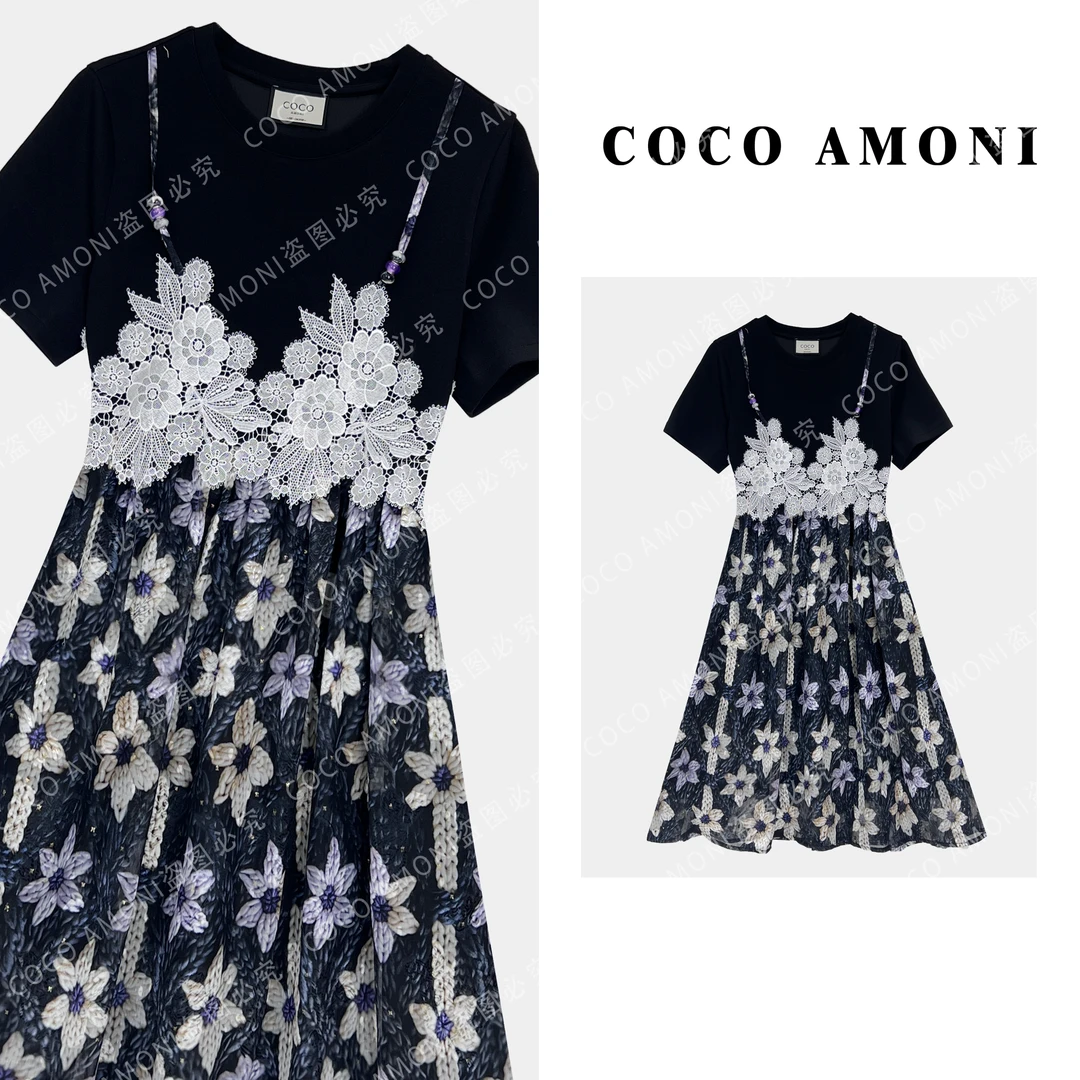 时尚假两件设计夏日女款拼接褶皱收腰显瘦减龄连衣裙AC243