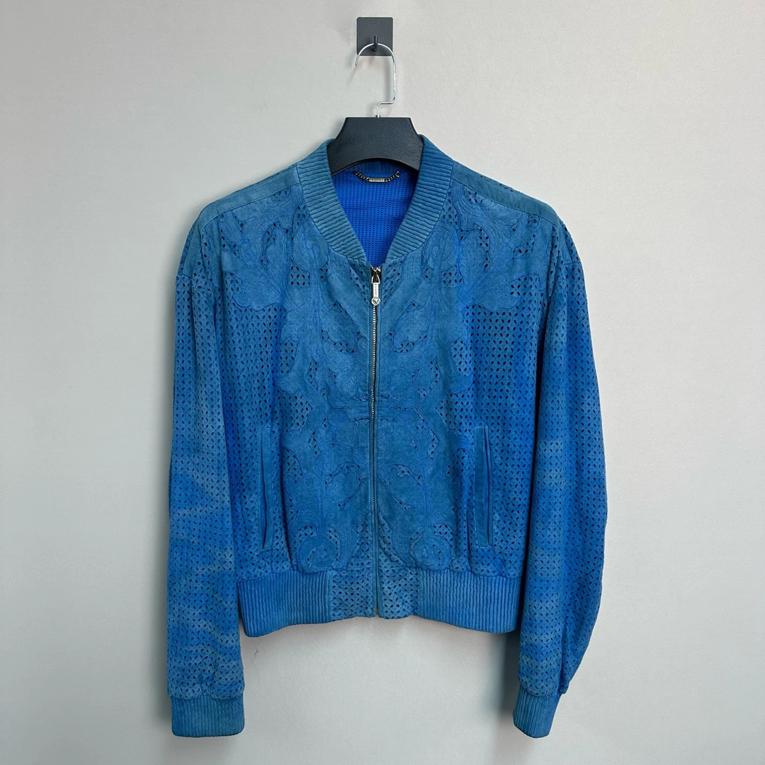 95新 VERSACE/范思哲 牛皮镂空拉链夹克/50码/价13000
